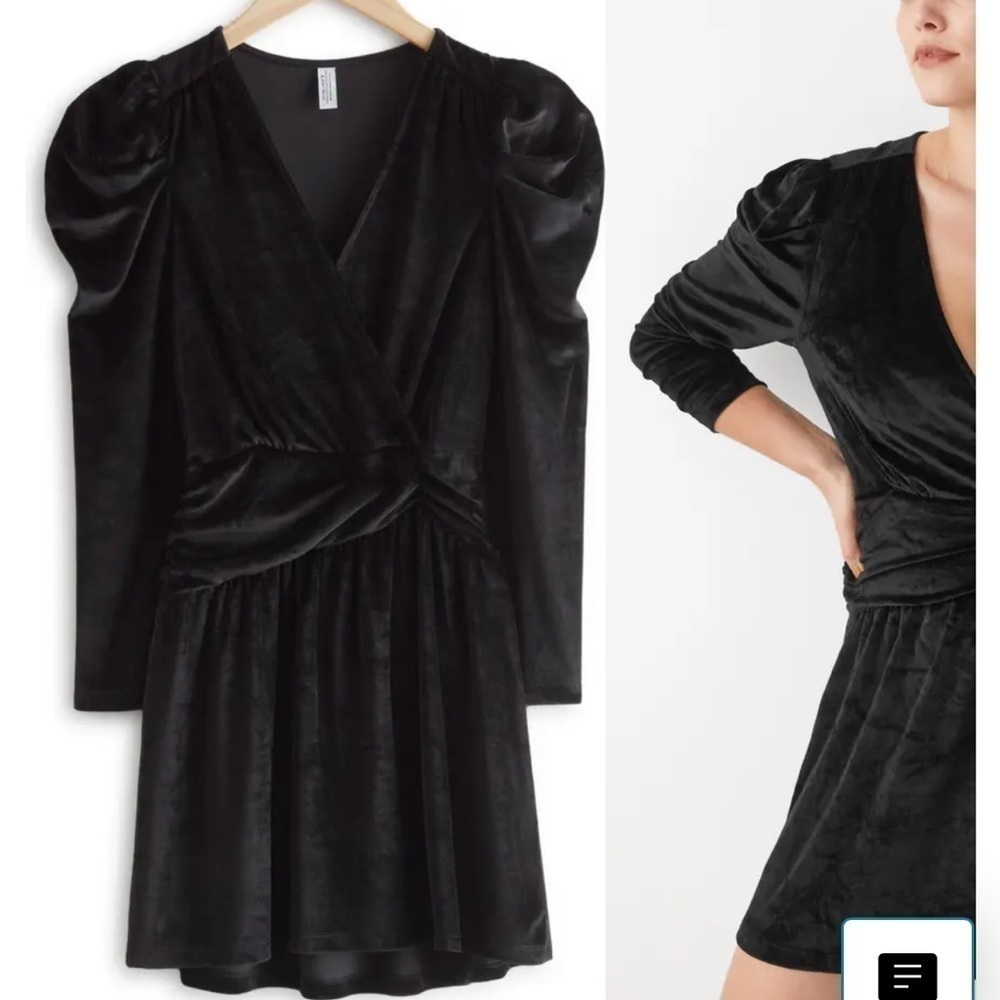 & Other Stories Puff Shoulder Long Sleeve Velvet Black Dress Romantic Goth - Picture 2 of 9